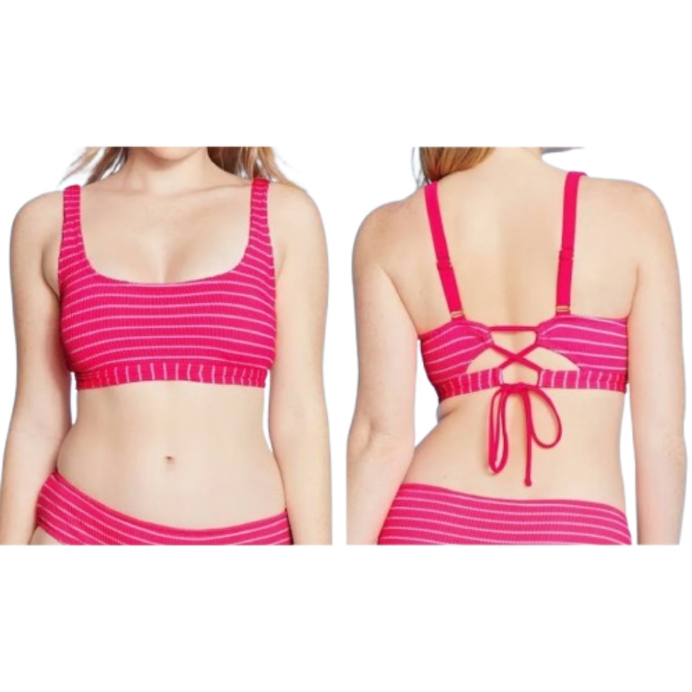 Xhilaration Neon Pink Striped Bikini Top Ribbed Lace-Up Back NWT